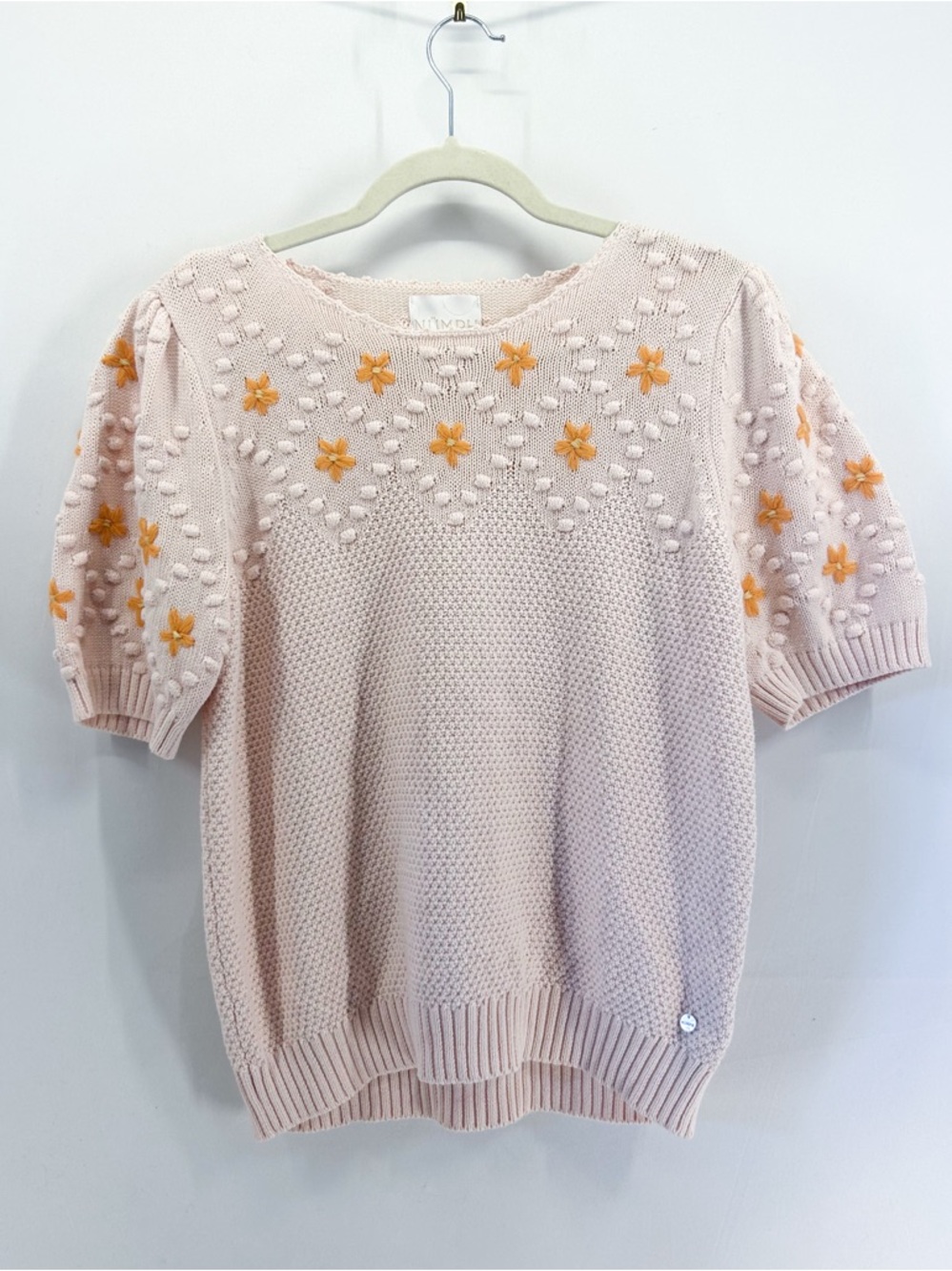 Anthropologie Numph Nudullis Short Sleeve Wool Blend Sweater Floral Embroidered